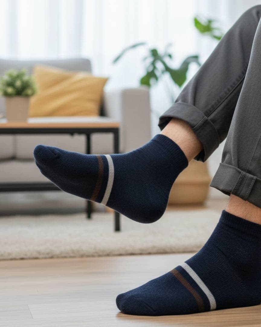 Men's Premium Navy Blue Ankle Woolen Socks with Contrast Triple Stripe hover