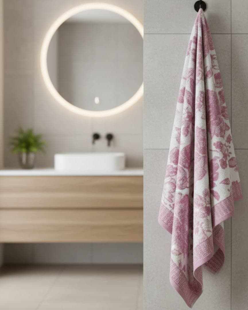 Quick Dry White Bath Towel with Pink Floral Design – 580 GSM Extra Large (145×80 cm) Ultra Soft & Super Absorbent