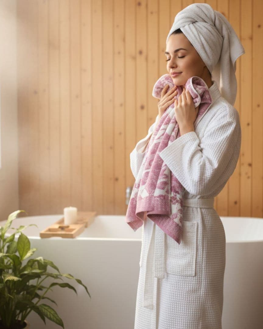 Quick Dry White Bath Towel with Pink Floral Design – 580 GSM Extra Large (145×80 cm) Ultra Soft & Super Absorbent hover