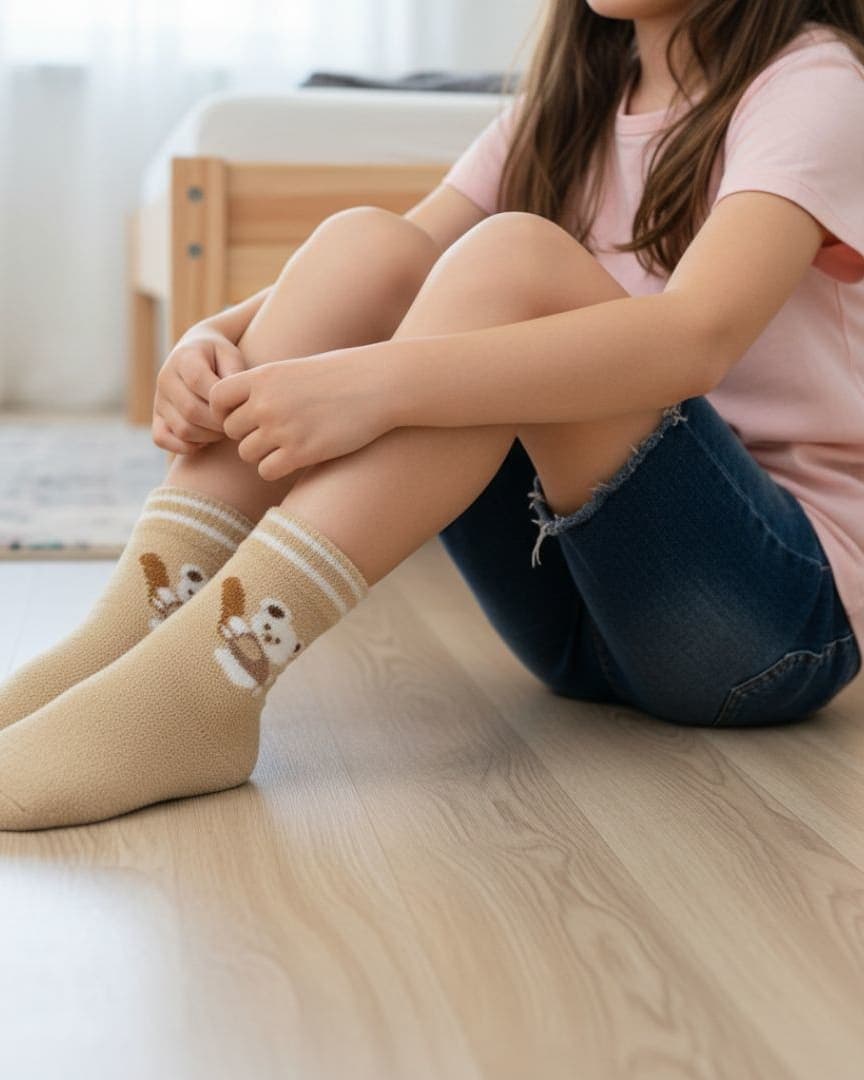 Ultra-Soft Fuzzy Beige/Tan Kids Crew Socks with Snuggle Bear Design hover