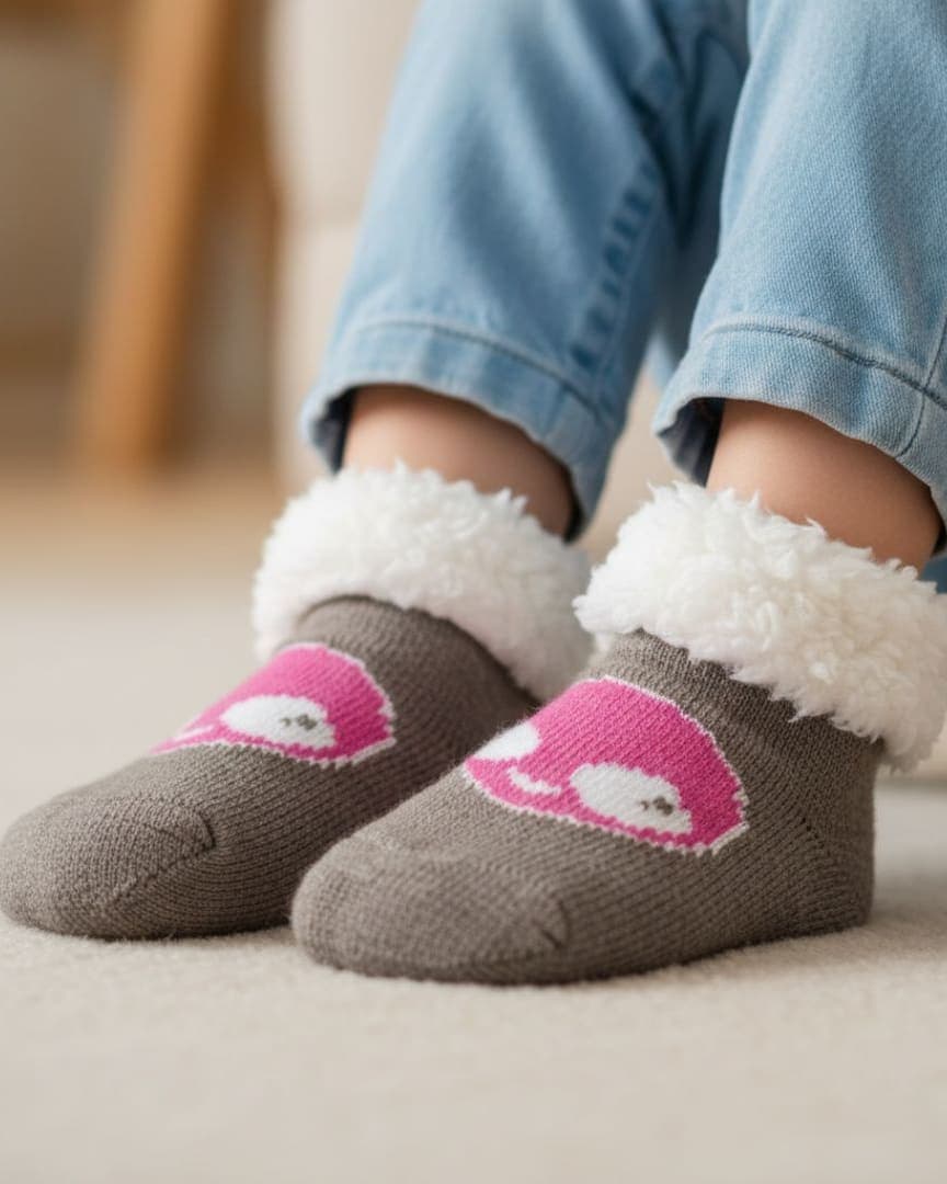 Grey & Pink Cartoon Woolen Kids Winter Socks (3–4 Years) with Fur Cuff