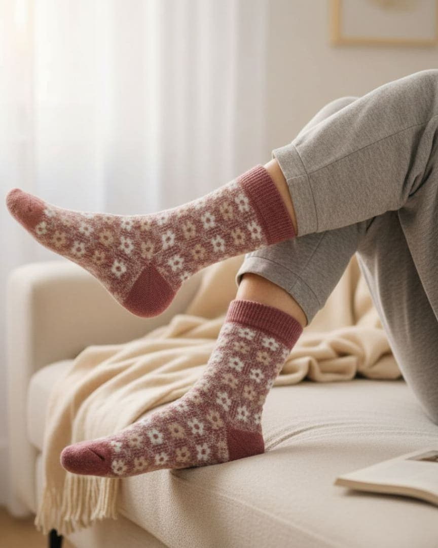 Pink Floral Woolen Thermal Socks | Soft Fleece-Lined Warm Winter Socks