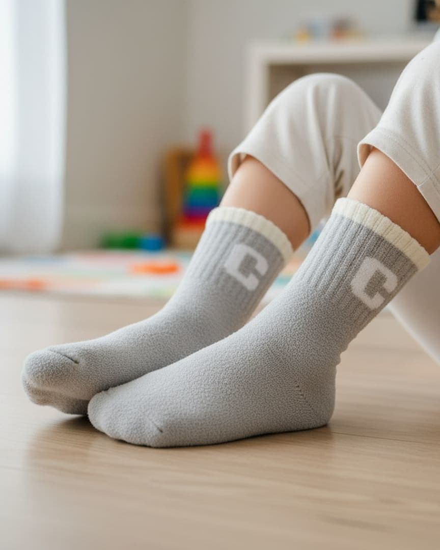 Ultra-Soft Light Grey Fuzzy Kids Crew Socks with Initial 'C' Logo