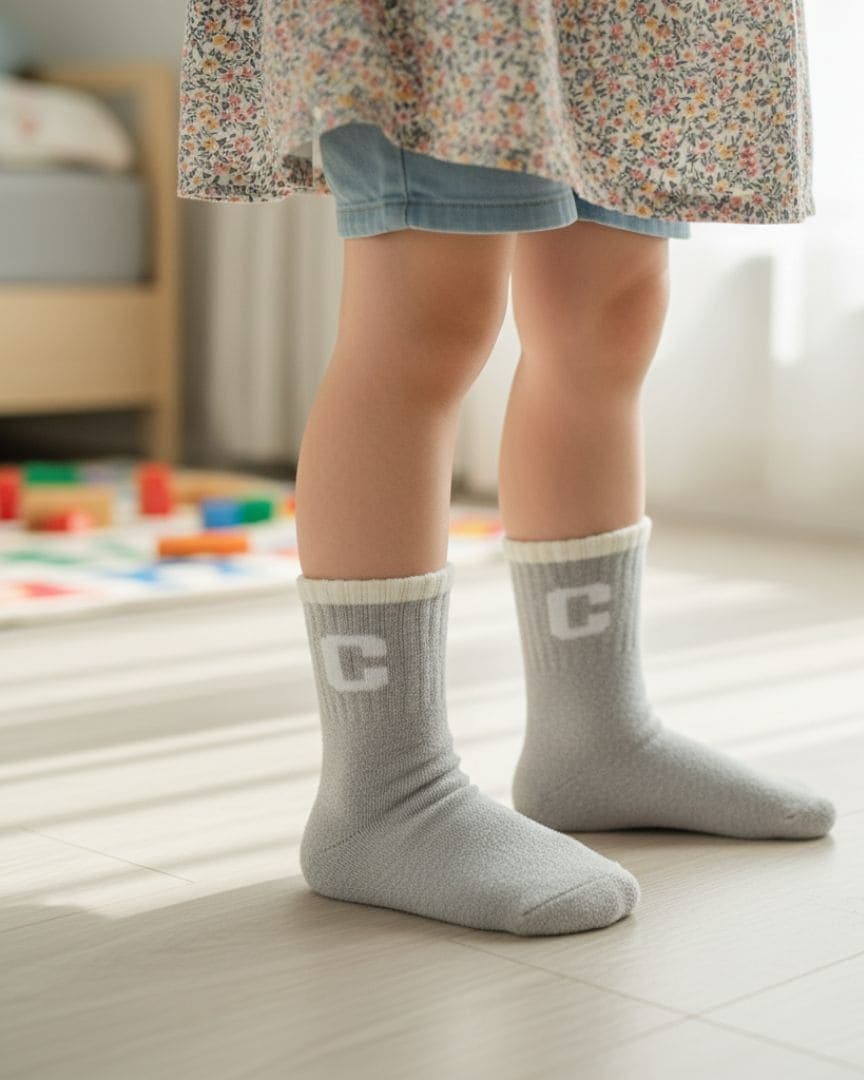 Ultra-Soft Light Grey Fuzzy Kids Crew Socks with Initial 'C' Logo hover