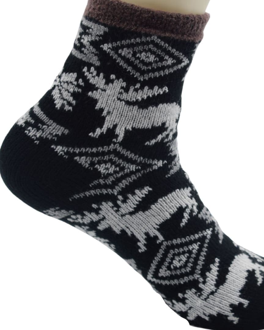 Black Woolen Thermal Socks | Soft Fleece-Lined Warm Winter Socks with Nordic Reindeer Pattern