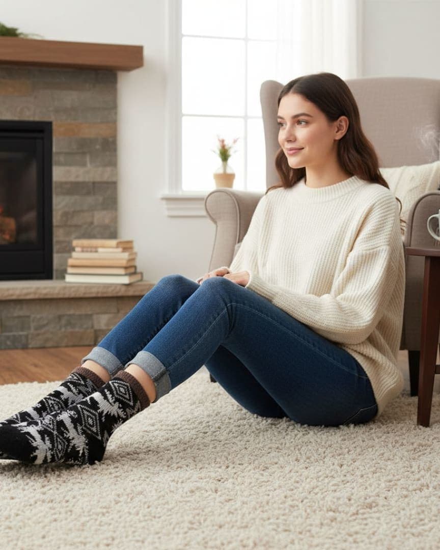 Black Woolen Thermal Socks | Soft Fleece-Lined Warm Winter Socks with Nordic Reindeer Pattern hover