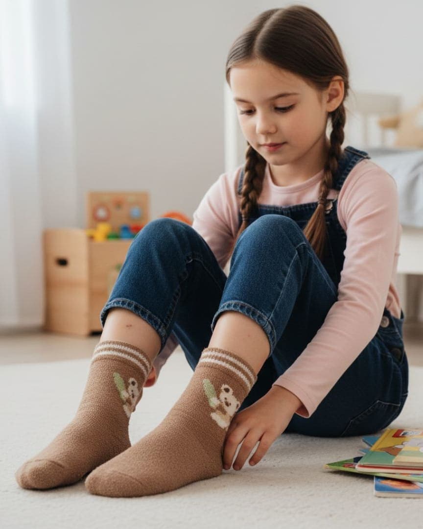 Ultra-Soft Fuzzy Mocha Brown Kids Crew Socks with Koala & Eucalyptus Design hover