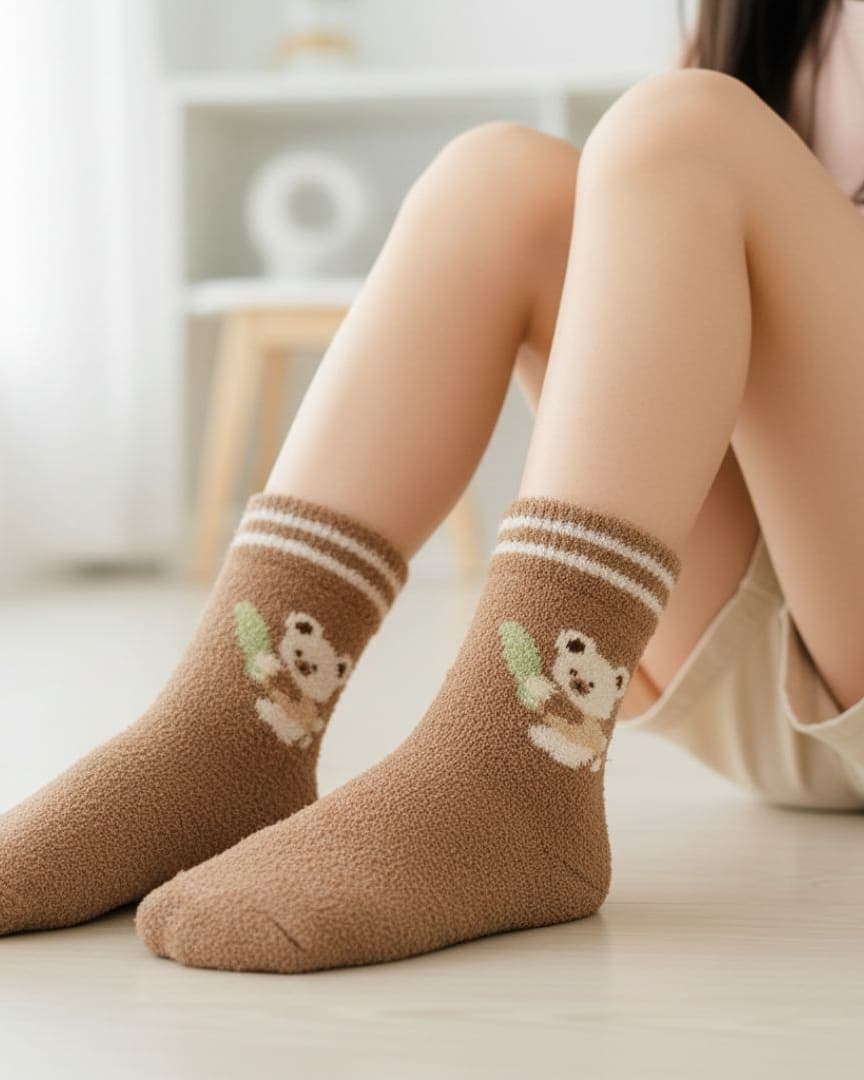 Ultra-Soft Fuzzy Mocha Brown Kids Crew Socks with Koala & Eucalyptus Design