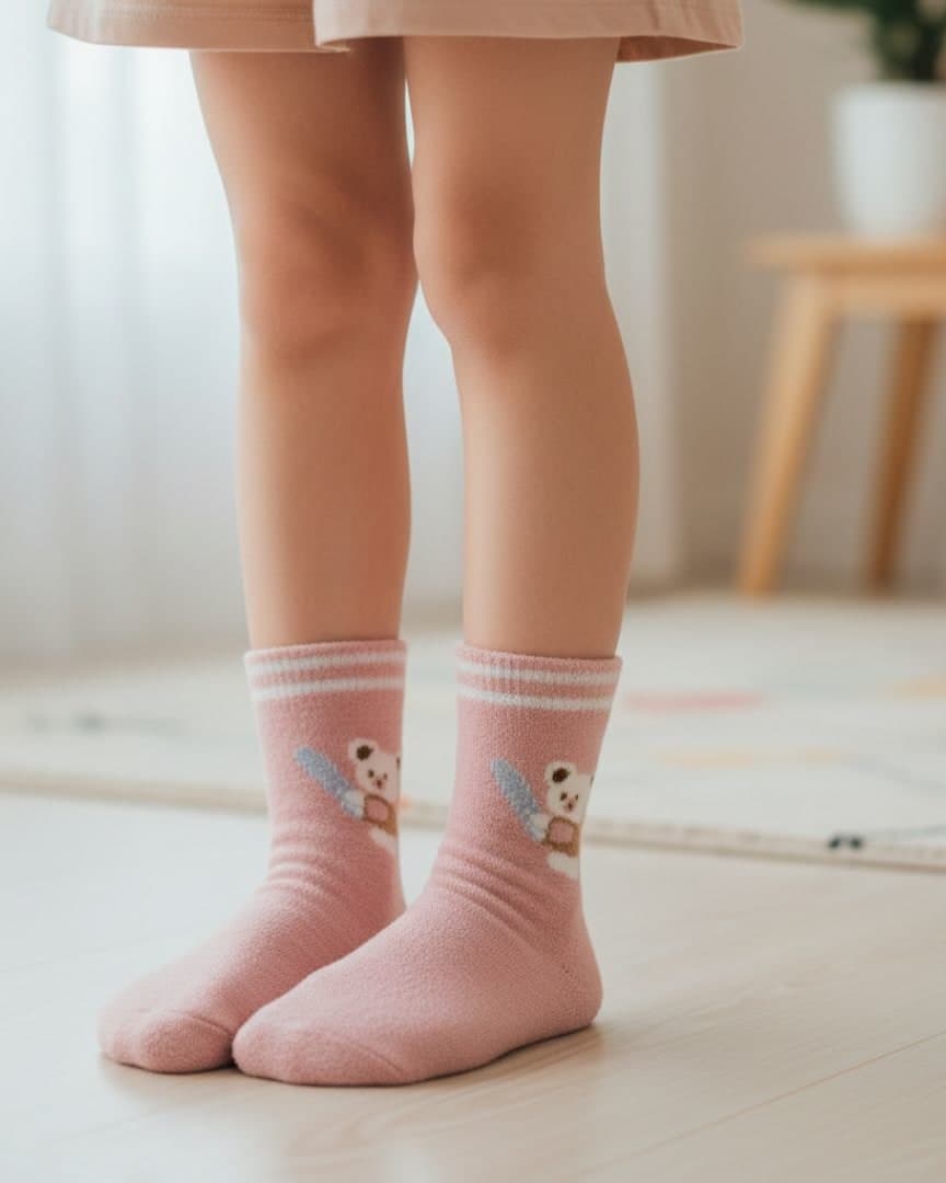 Ultra-Soft Fuzzy Pink Kids Crew Socks with Cute Bunny Design hover