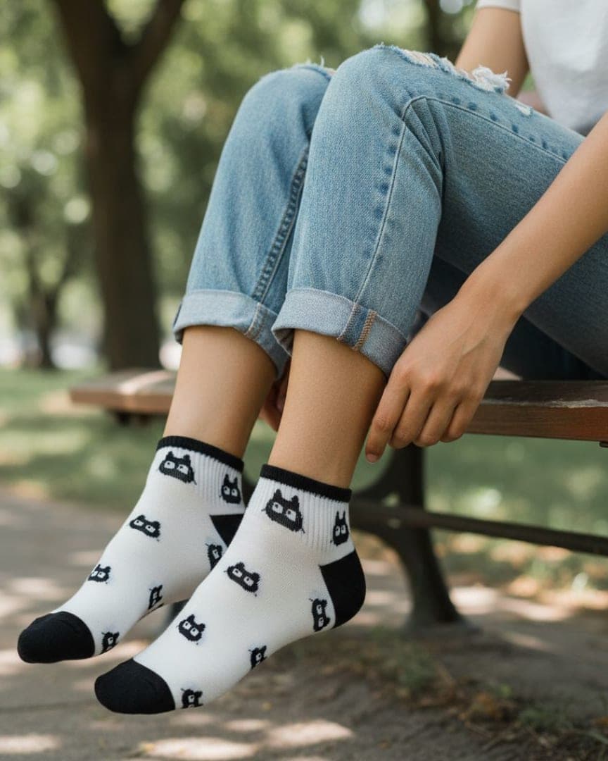 Cute Cartoon Face Ankle Socks | Soft Cotton Stretch Socks (White & Black) hover