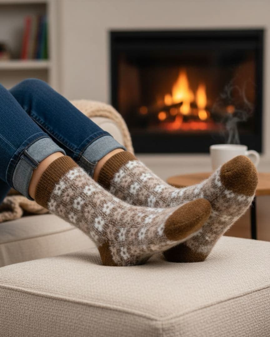 Brown Floral Woolen Winter Socks | Ultra Soft Fleece-Lined Thermal Warm Socks hover
