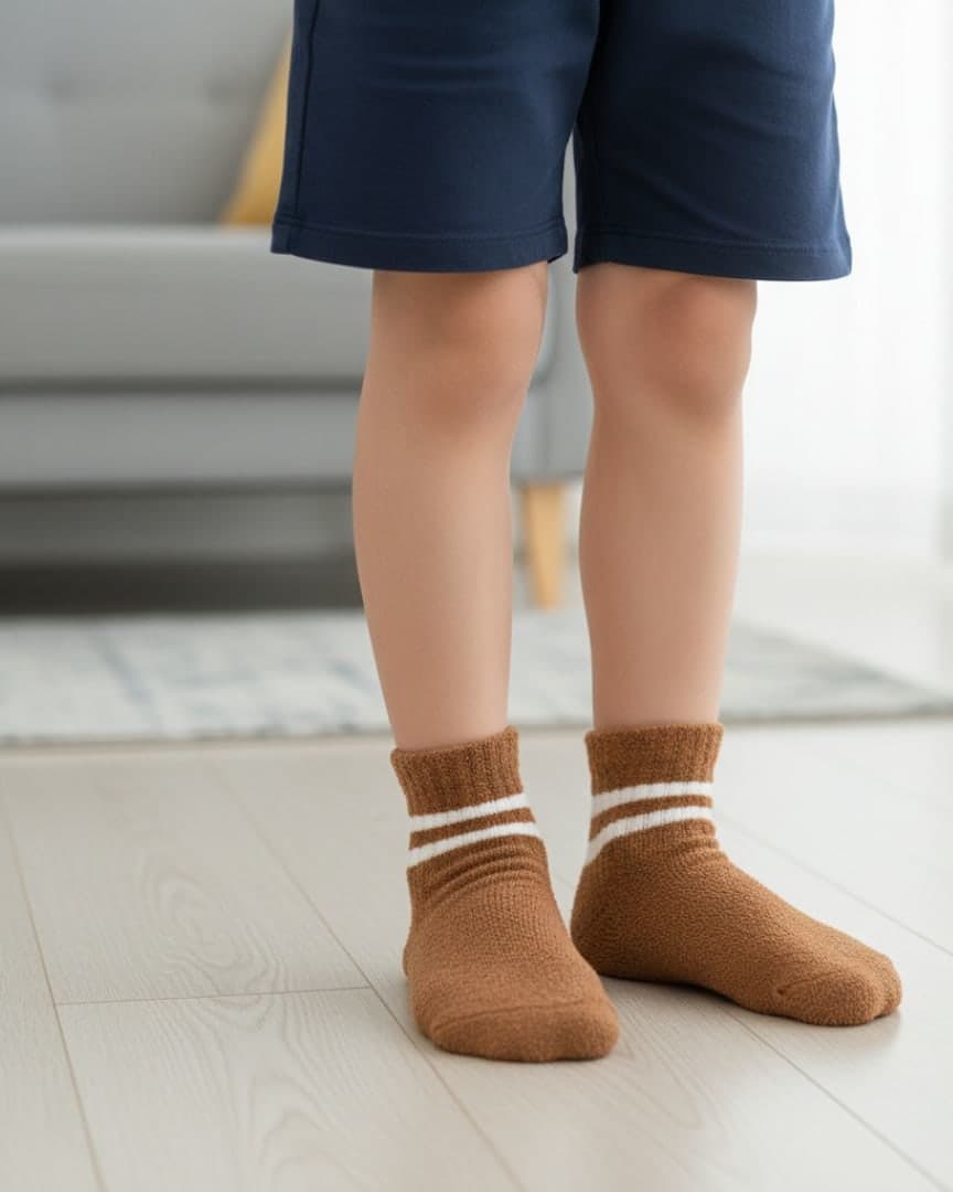Kids' Super-Soft Fuzzy Thermal Ankle Socks | Brown & White Stripe