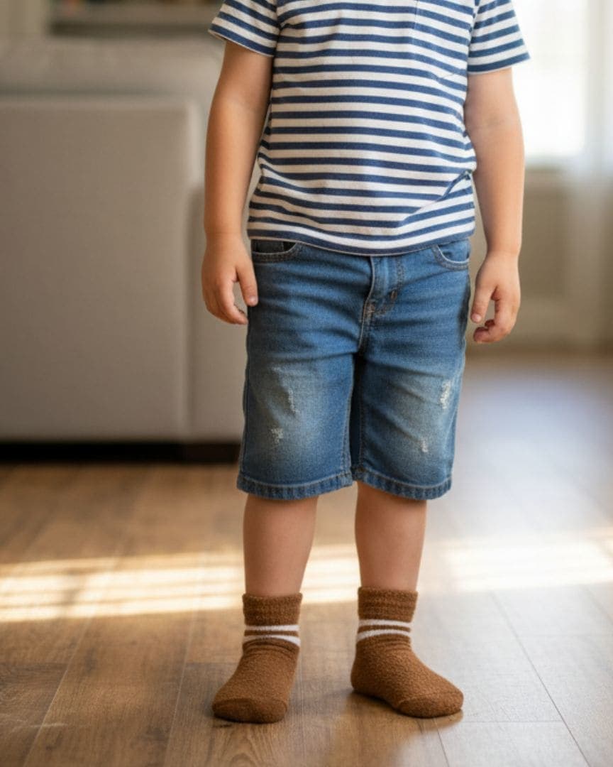 Kids' Super-Soft Fuzzy Thermal Ankle Socks | Brown & White Stripe hover