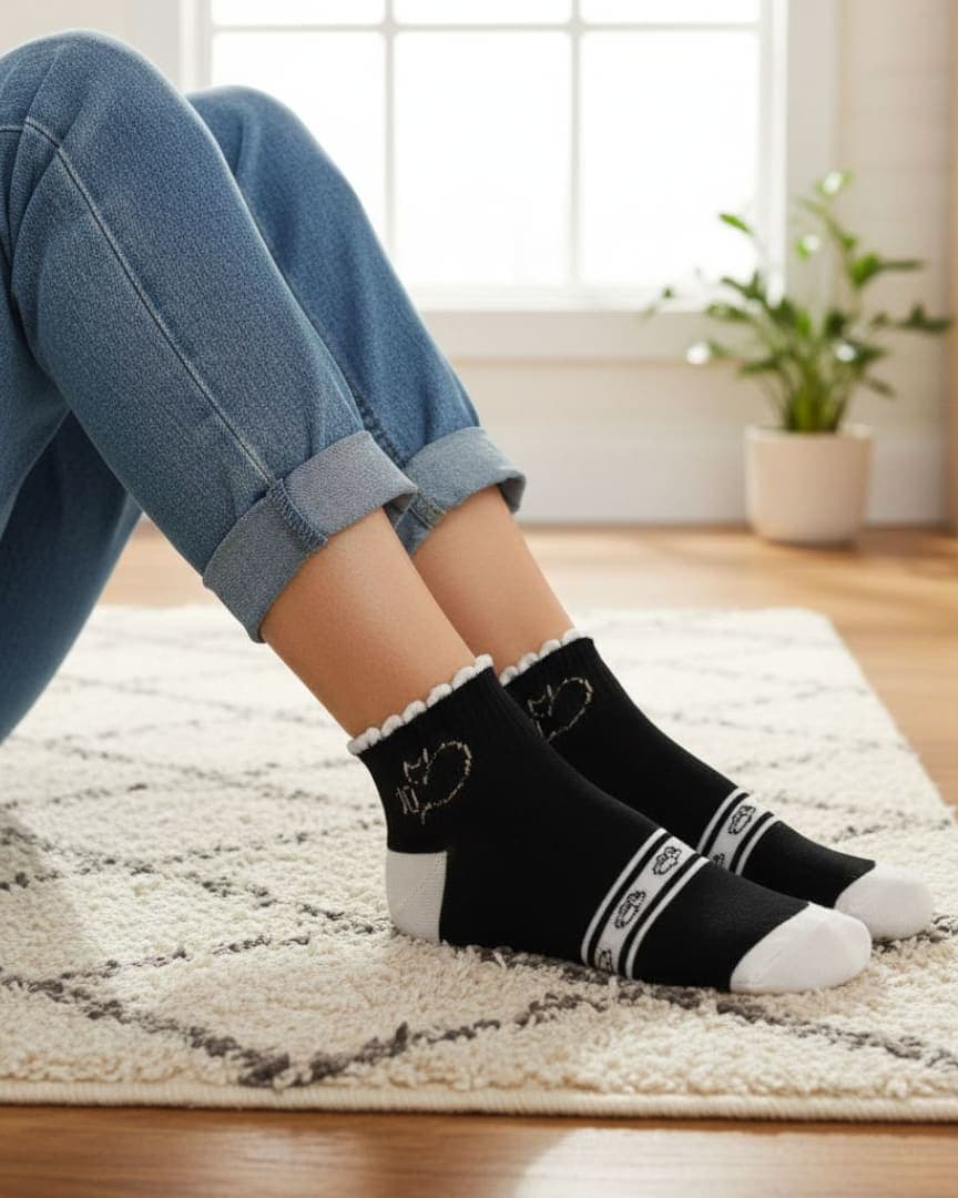 Black & White Cat Design Ankle Socks | Soft Cotton Cute Casual Socks for Women