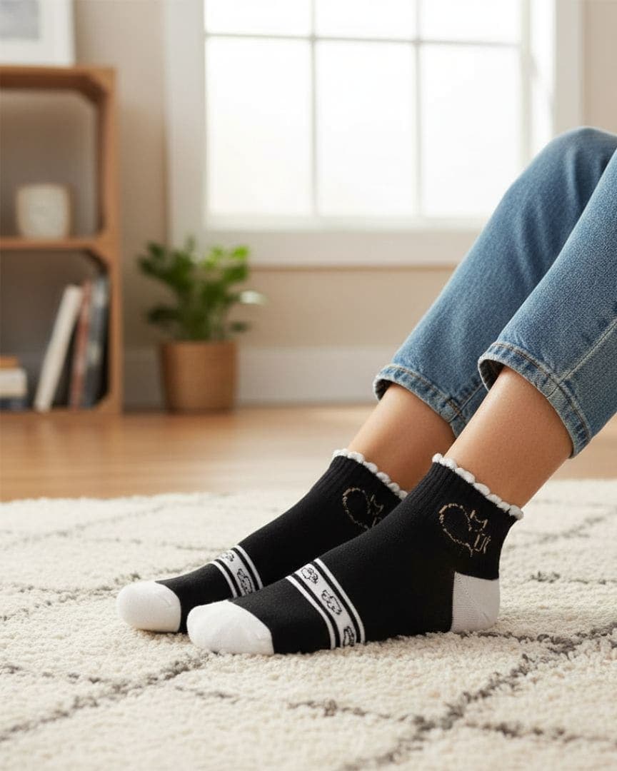 Black & White Cat Design Ankle Socks | Soft Cotton Cute Casual Socks for Women hover