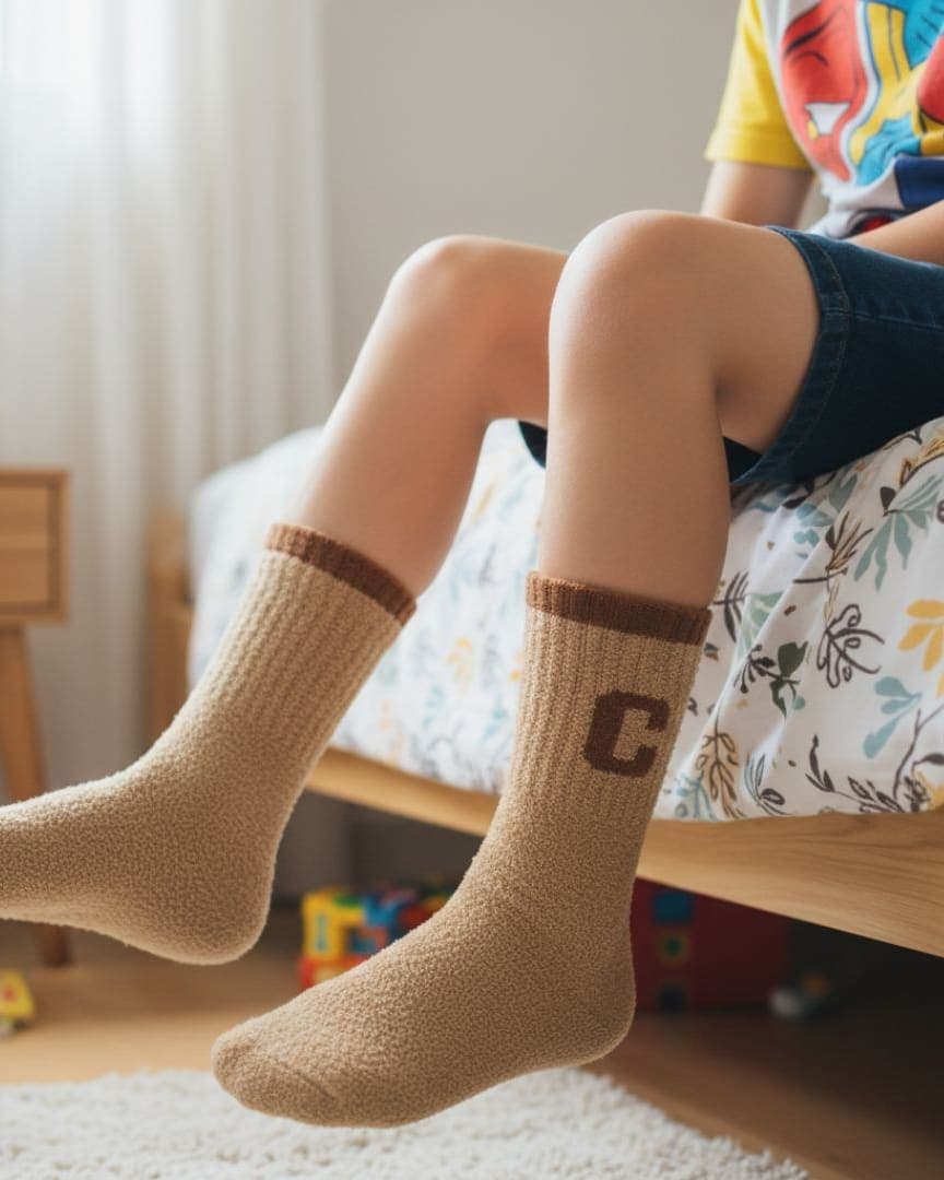 Ultra-Soft Fuzzy Khaki Crew Socks with Embroidered 'C' Logo