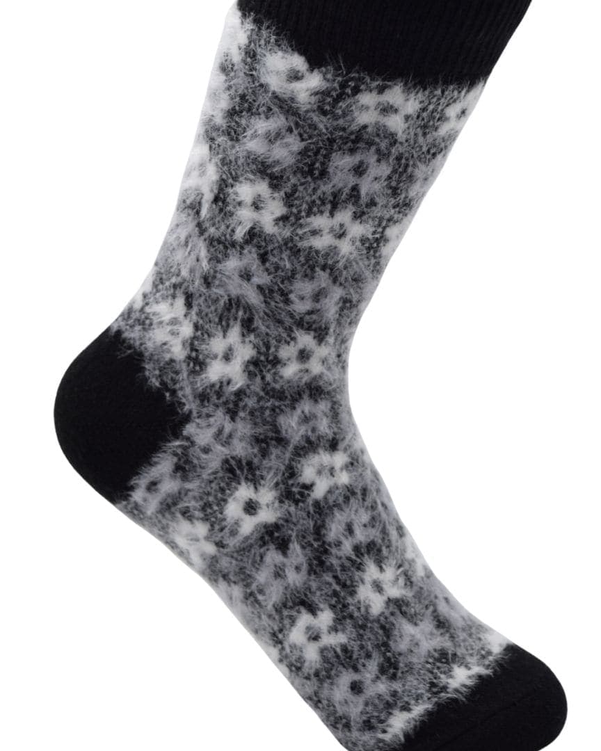Black & Grey Floral Woolen Thermal Socks | Ultra Soft Fleece-Lined Winter Warm Socks