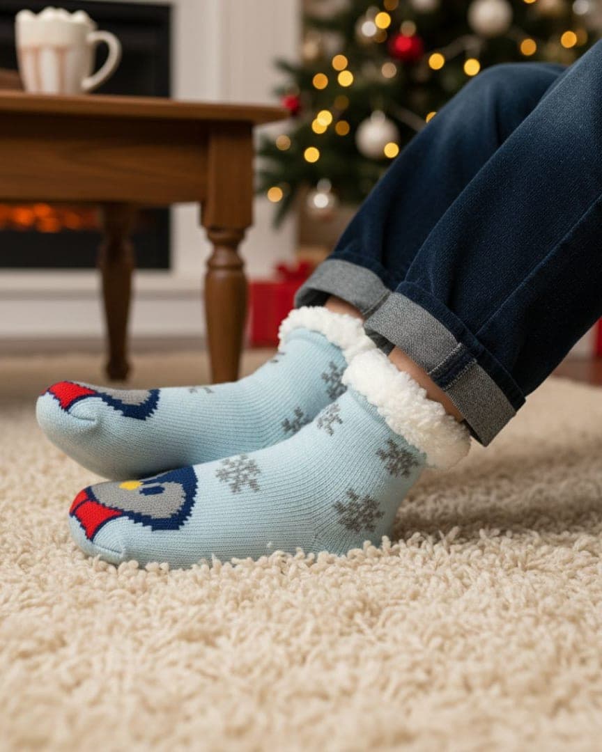 Cozy Knit Slipper Socks in Light Blue with Snowflake Pattern, Character Toe, and Fluffy Sherpa Cuff