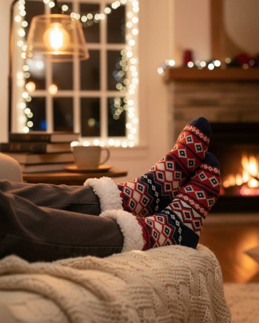 Cozy Knit Slipper Socks in Light Blue with Snowflake Pattern, Character Toe, and Fluffy Sherpa Cuff hover