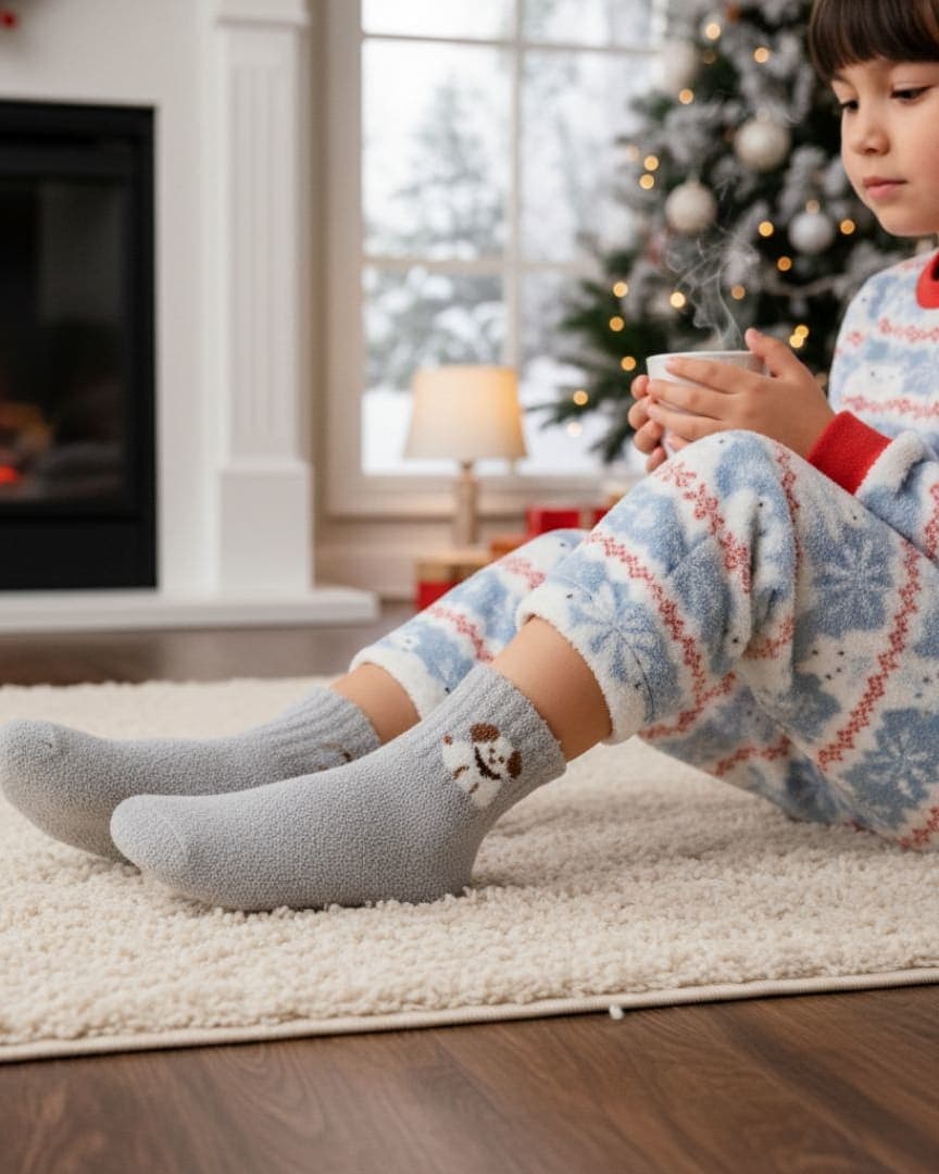 Soft Ash Grey Kids Winter Woolen Terry Socks with Puppy Design hover