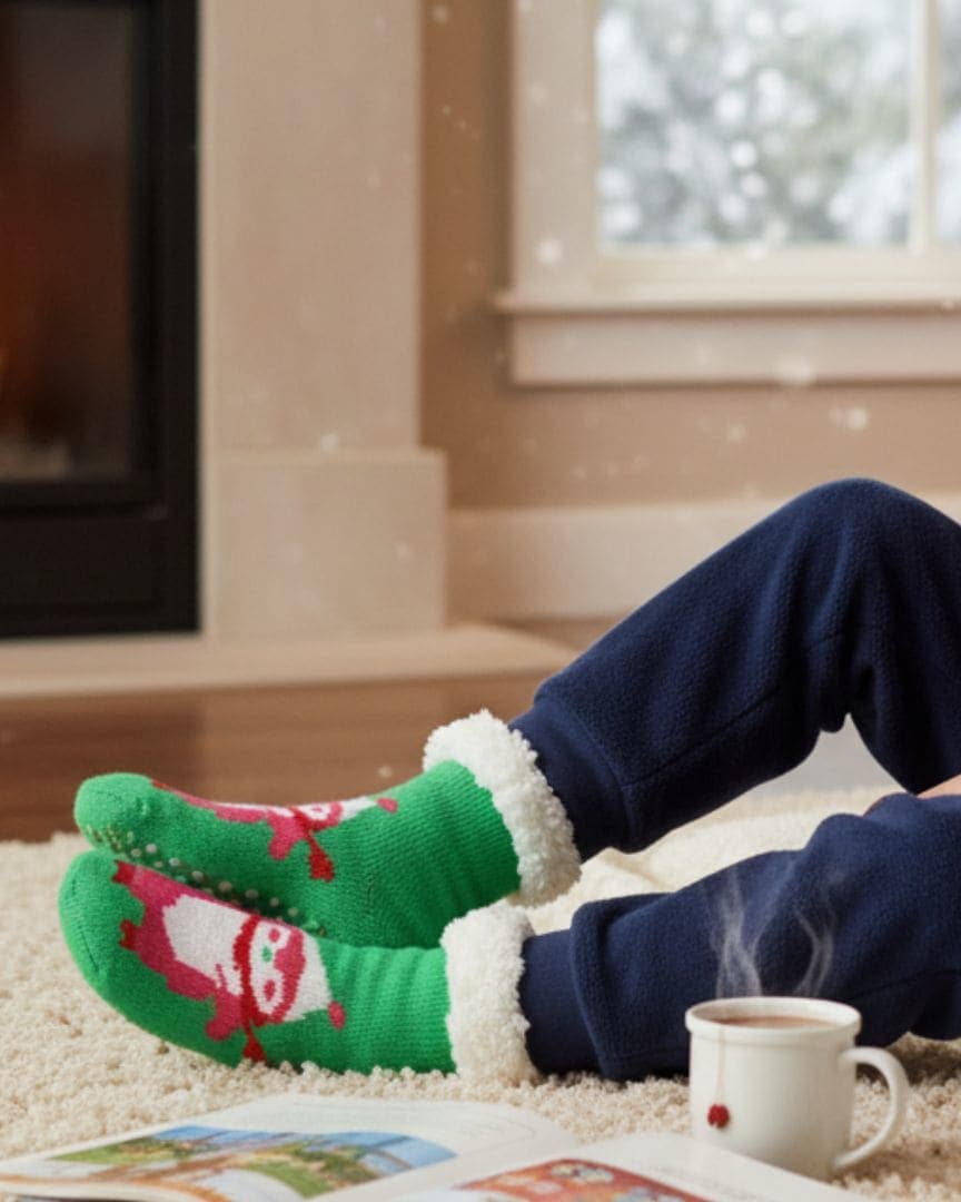 Ultra-Soft Plush Fleece Holiday Socks in Green with Character Motif, Sherpa Cuff, and Non-Skid Grips hover