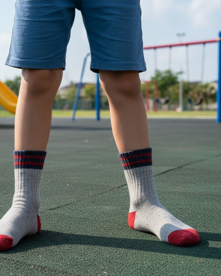 Durable Speckle Knit Kids Socks | Athletic Grey, Navy & Red Playground Socks hover