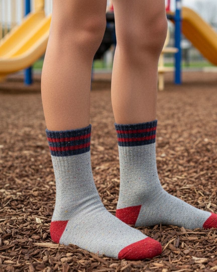 Durable Speckle Knit Kids Socks | Athletic Grey, Navy & Red Playground Socks