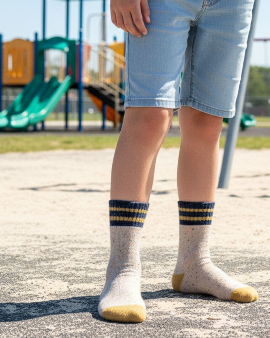 Speckled Beige Kids Socks | Durable Gold & Navy Striped Athletic Crew Socks