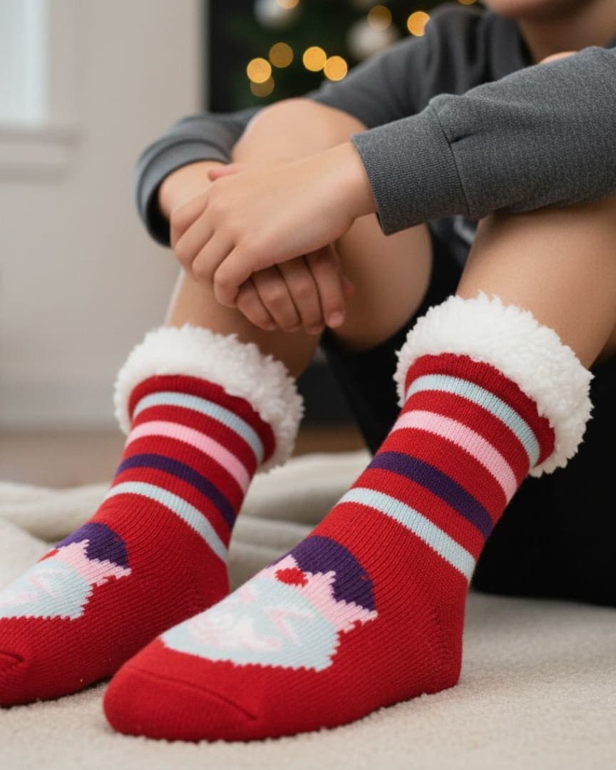 Ultra-Soft Plush Knit Slipper Socks in Red with Multi-Color Stripes, Festive Character, and Sherpa Cuff