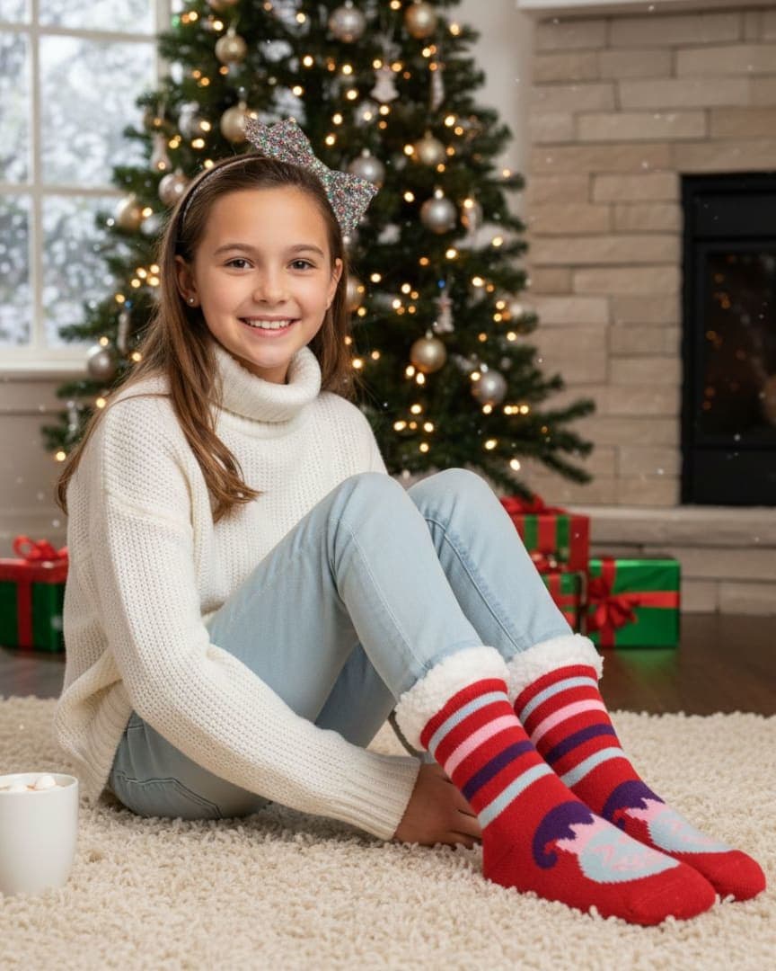 Ultra-Soft Plush Knit Slipper Socks in Red with Multi-Color Stripes, Festive Character, and Sherpa Cuff hover