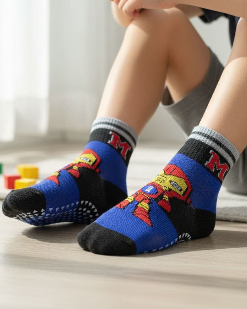 Breathable Cotton Kids' Anti-Skid Socks with Full Grip Sole and Bold Character Design
