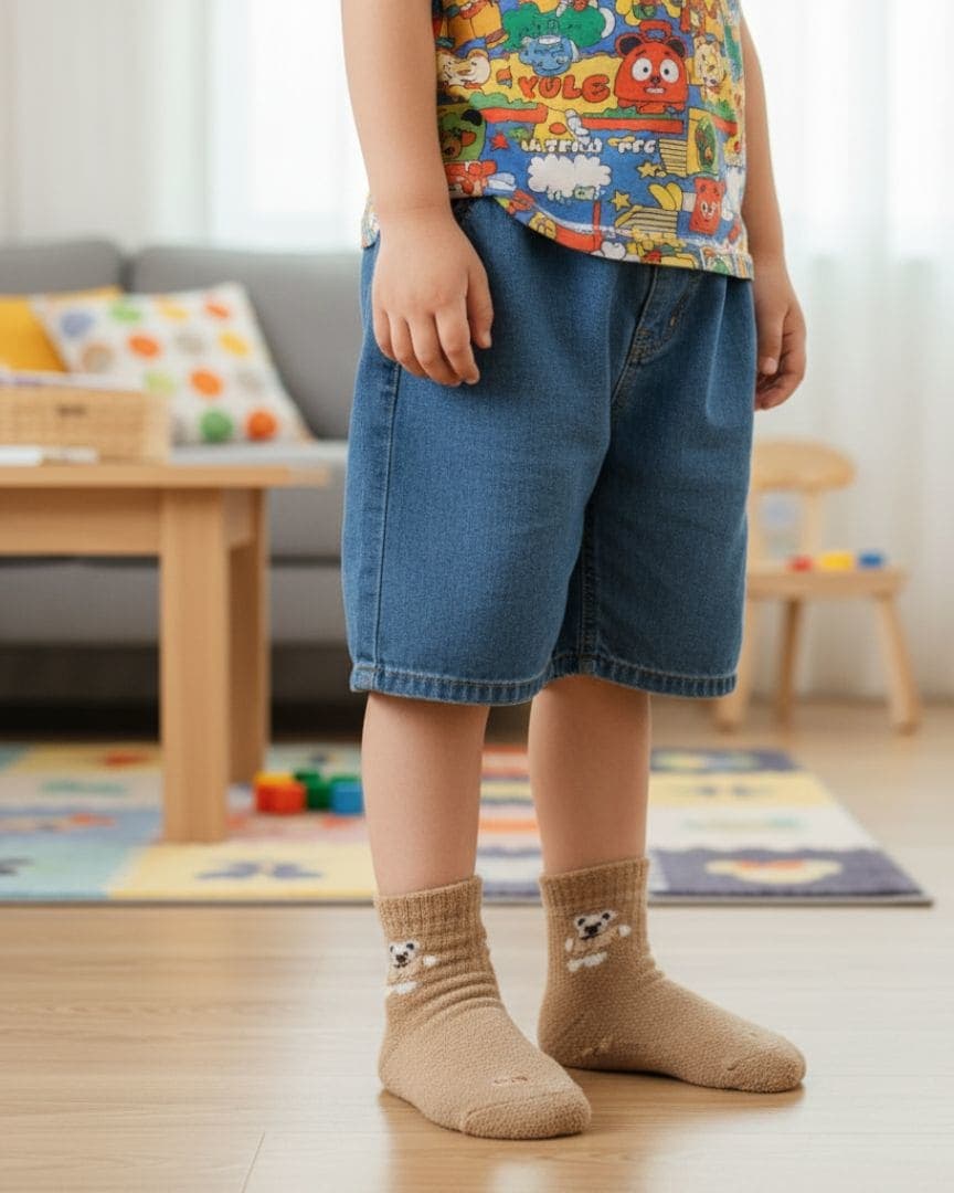 Soft Teddy Bear Kids Ankle Socks | Neutral Beige Cozy Short Socks