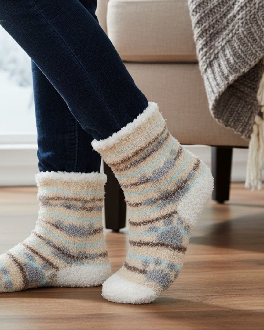 Luxurious Plush Fleece Cozy Socks in Neutral/Blue Stripes with Sherpa Lining – Ultimate Winter Loungewear