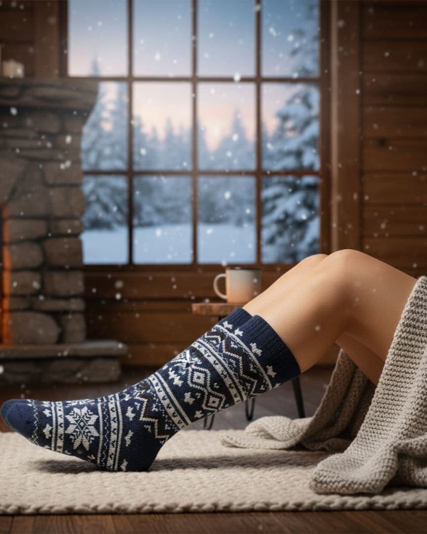 Extra-Long Nordic Unisex Thermal Home Socks | Cozy Navy Blue Snowflake Knit hover
