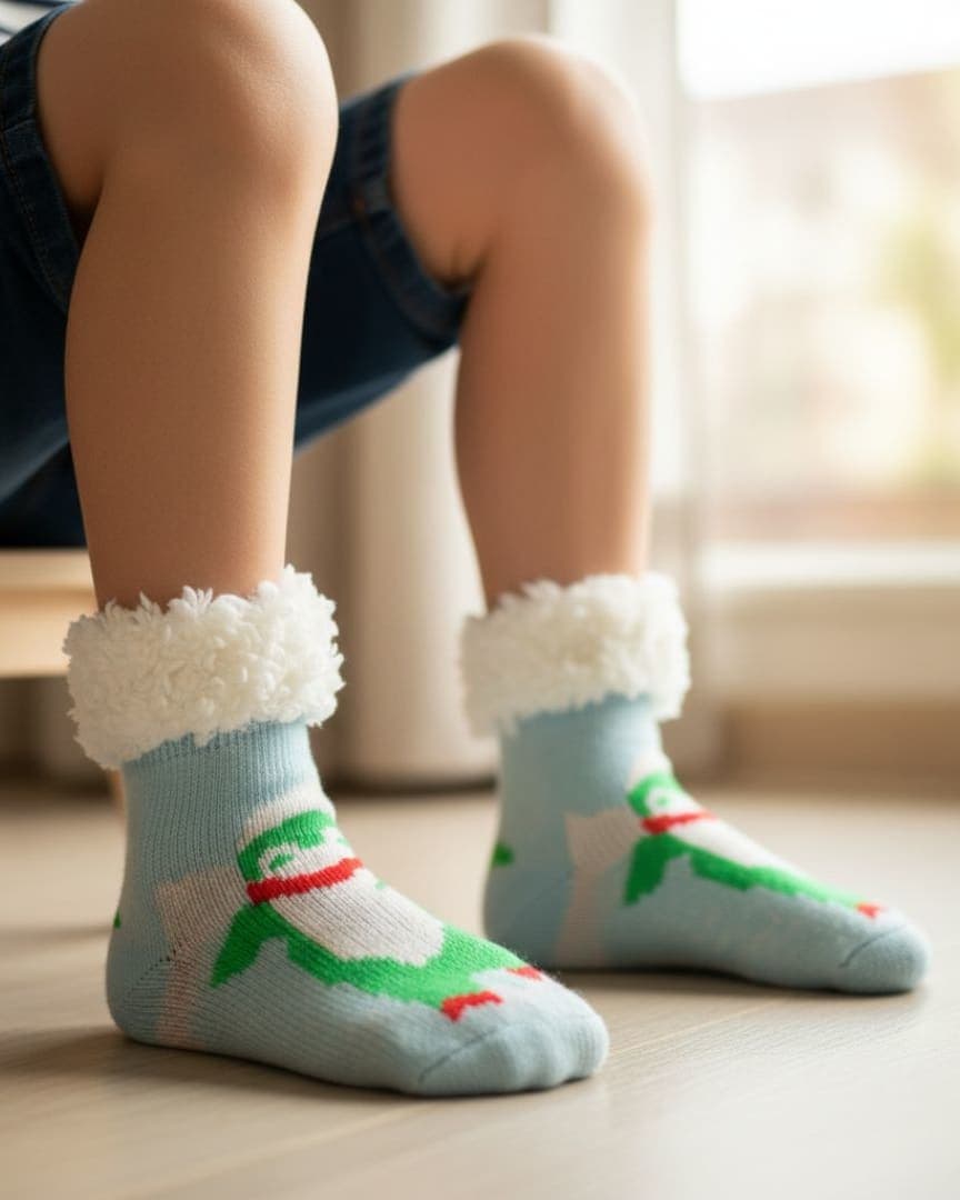 Ultra-Soft Plush Fleece Kids' Cozy Socks in Light Blue with Festive Character Motif and Sherpa Cuff