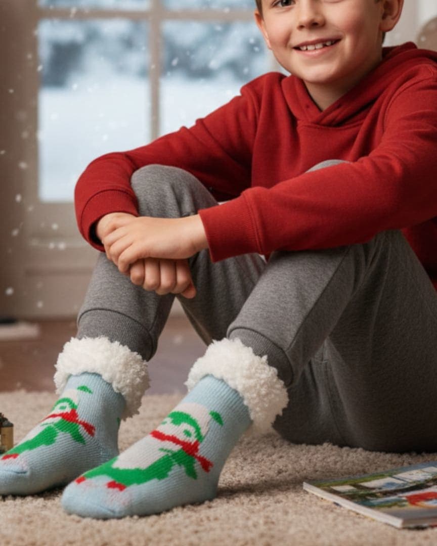 Ultra-Soft Plush Fleece Kids' Cozy Socks in Light Blue with Festive Character Motif and Sherpa Cuff hover