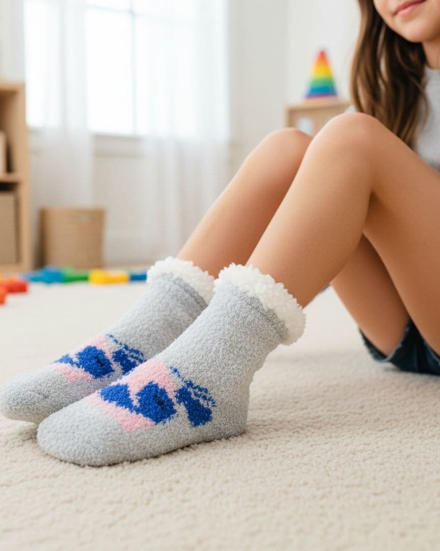 Ultra-Soft Plush Fleece Cozy Socks in Grey with Knit-In Winter Motif and Fluffy Sherpa Cuff hover