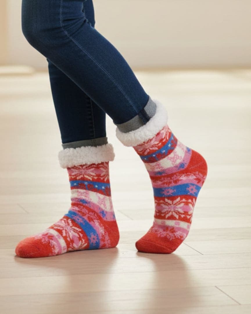 Red & Pink Women Winter Home Socks with White Fur Cuff – Warm & Cozy Indoor Socks hover