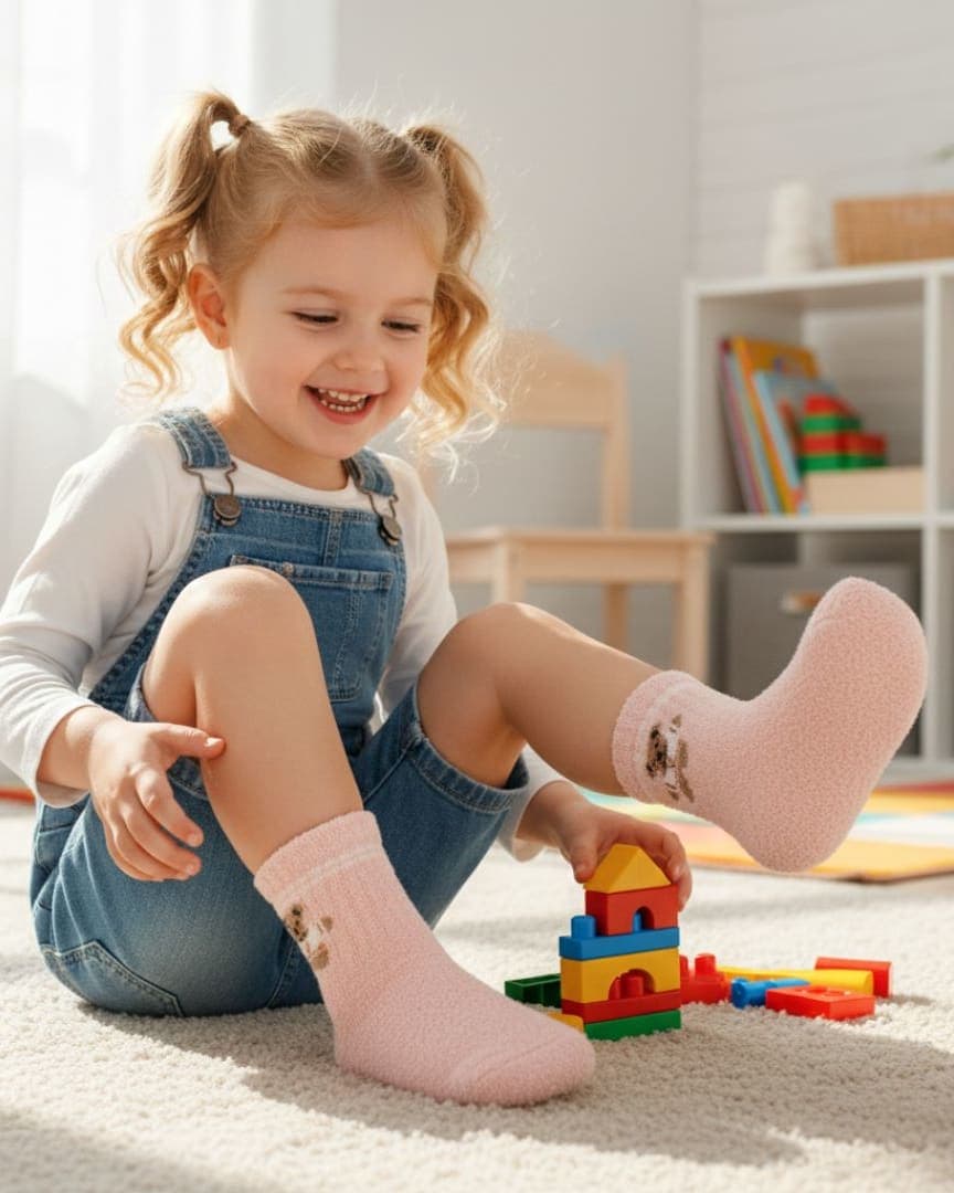 Soft Blush Pink Fuzzy Kids Socks | Teddy Bear Ankle Lounging Socks hover