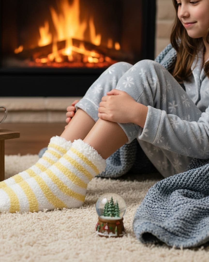 Fuzzy Yellow & White Striped Slipper Socks Horizontal Stripes