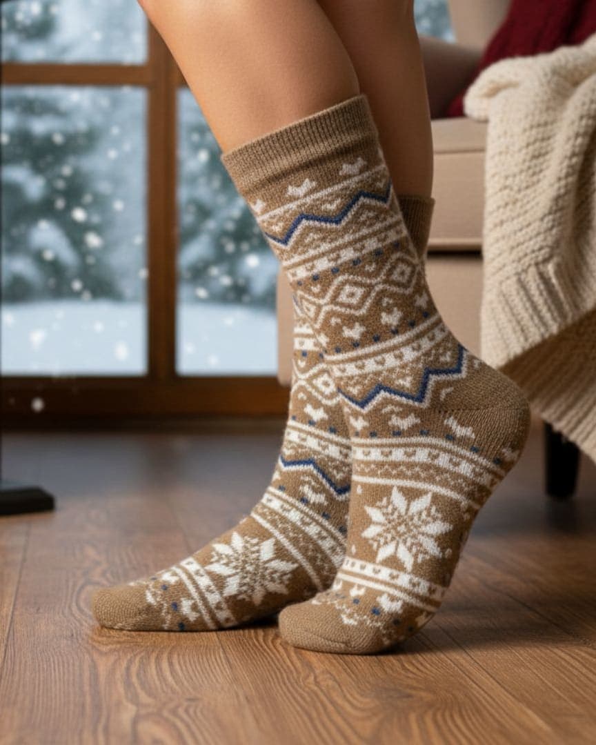 Extra-Long Tan Unisex Thermal Socks | Fair Isle Winter Home Socks with Blue Detail hover