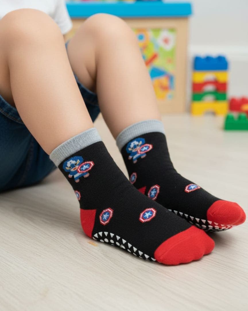Kids' Anti-Skid Socks in Black/Red with Shield Print, Full Grip Sole
