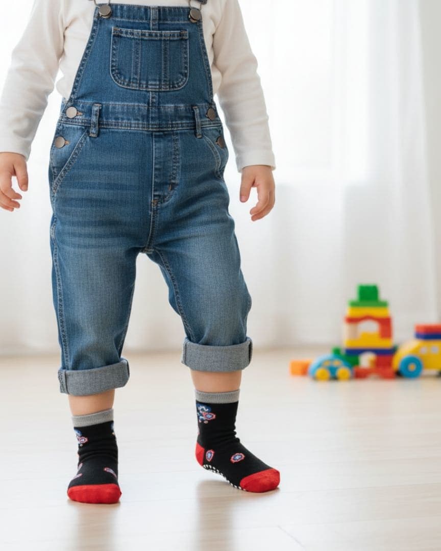 Kids' Anti-Skid Socks in Black/Red with Shield Print, Full Grip Sole hover