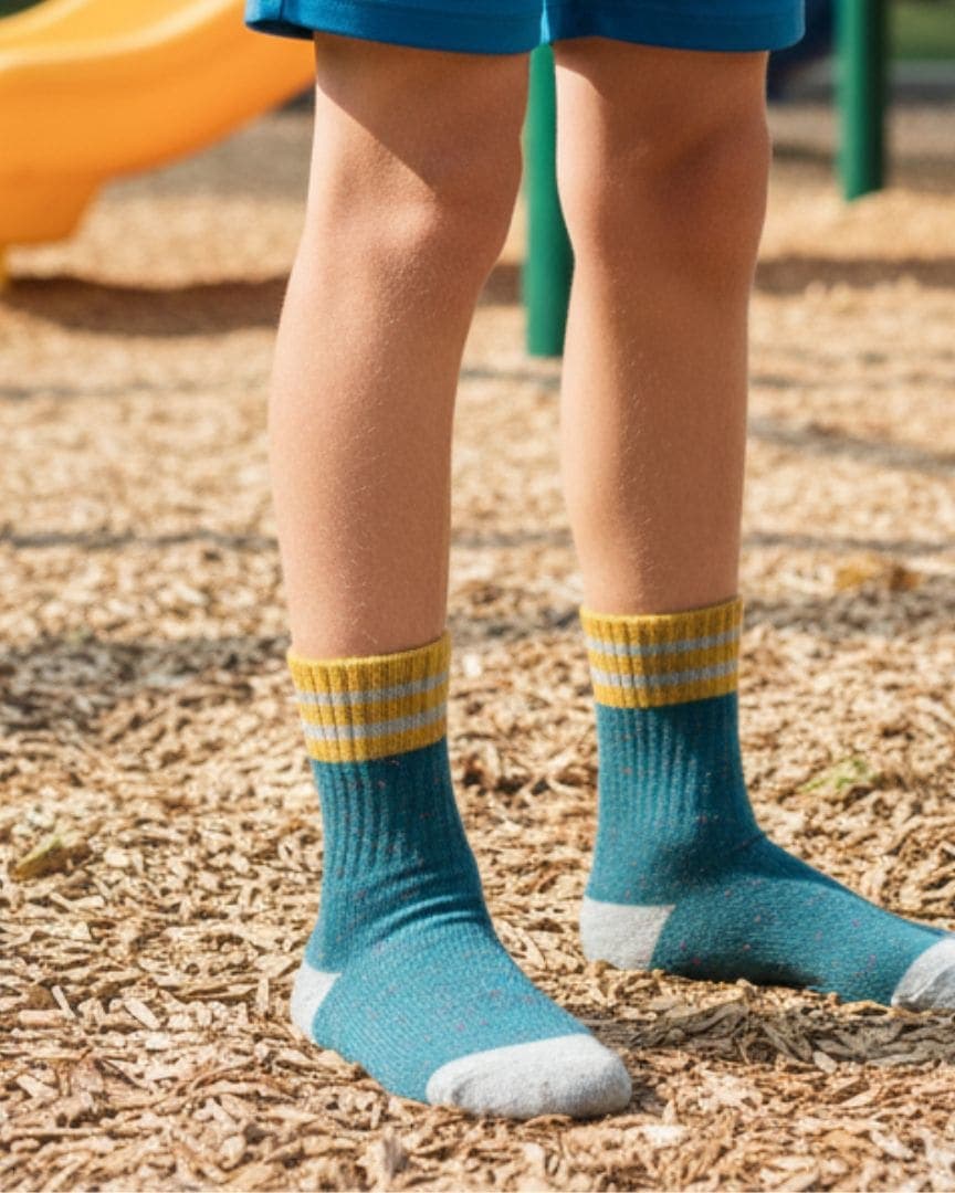 Speckled Teal Kids Socks | Mustard & Grey Striped Athletic Crew Socks