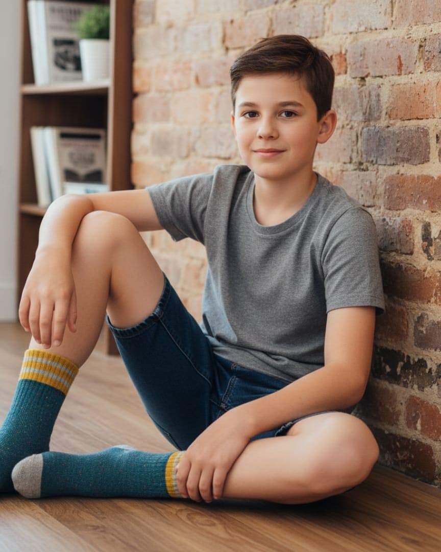 Speckled Teal Kids Socks | Mustard & Grey Striped Athletic Crew Socks hover