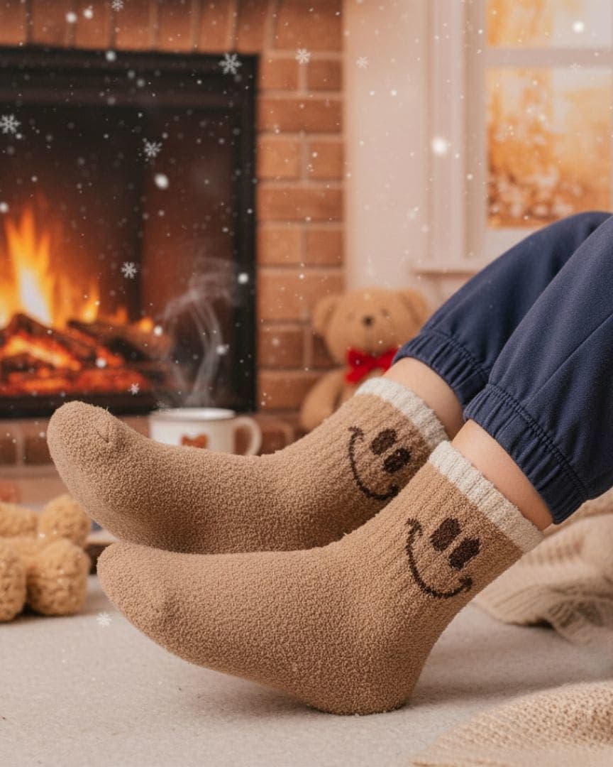Brown Kids Winter Terry Socks with Smiley Design | Warm & Soft Woolen Socks