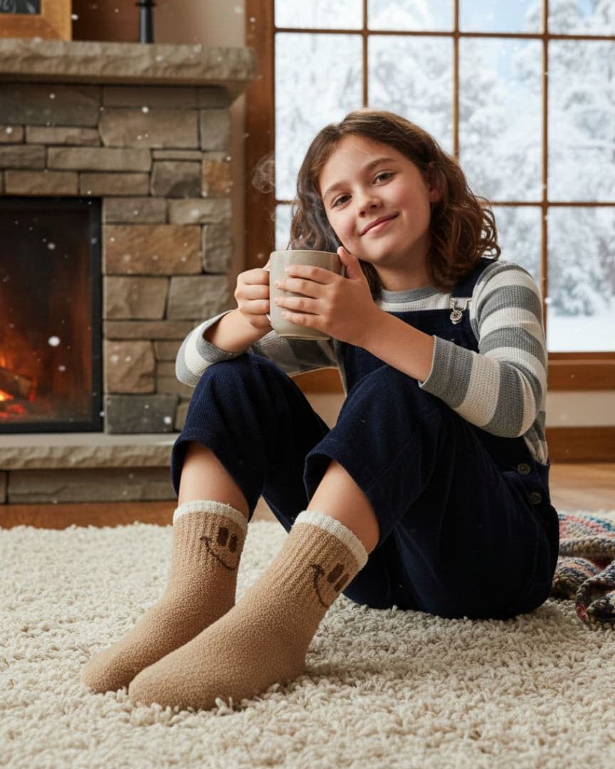 Brown Kids Winter Terry Socks with Smiley Design | Warm & Soft Woolen Socks hover