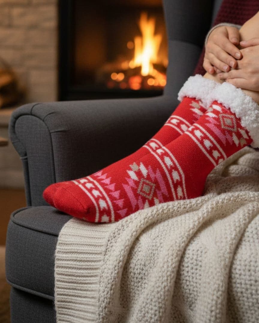 Red & White Women Winter Home Socks with Fur Cuff – Warm Cozy Indoor Socks hover