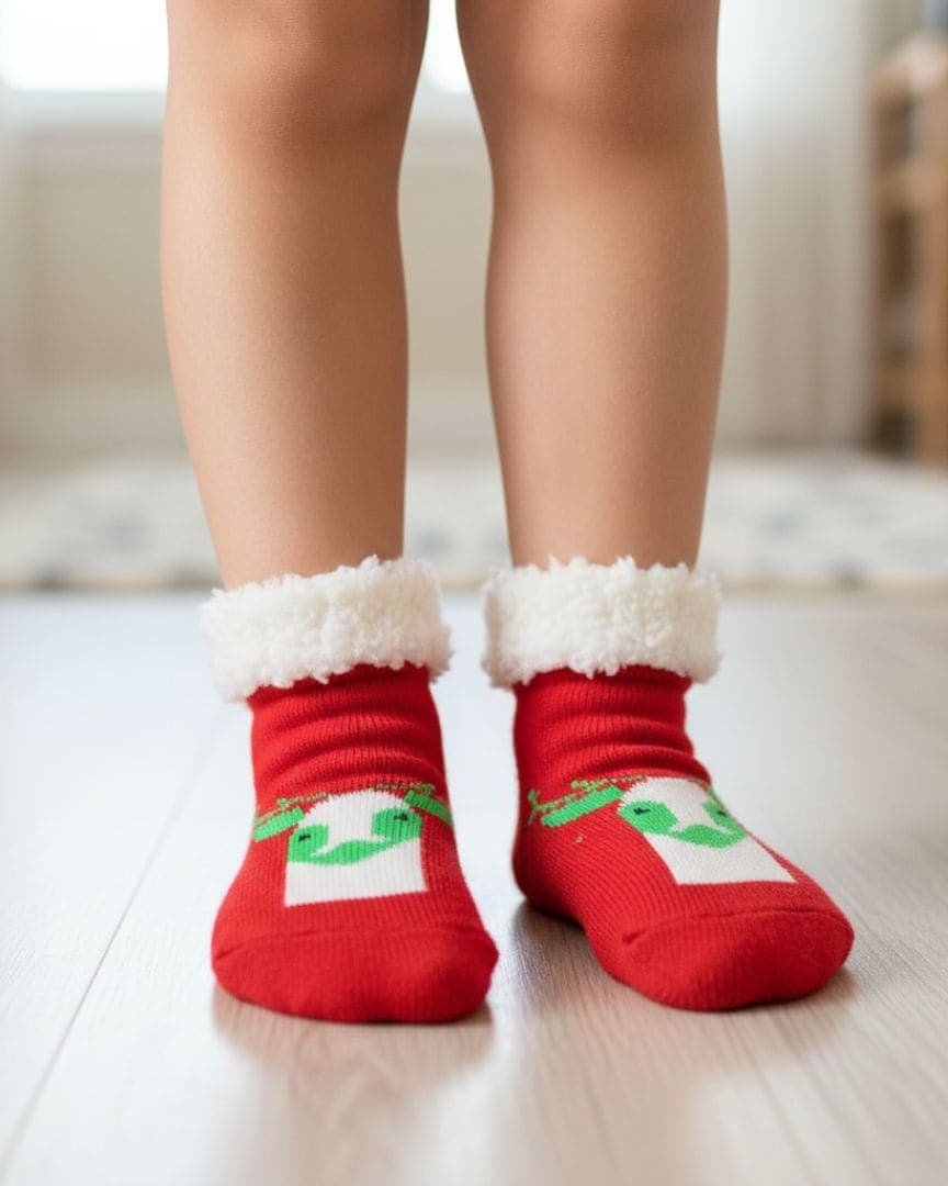 Ultra-Soft Plush Fleece Kids' Cozy Socks in Red with Fun Character Motif and Sherpa Cuff – Ideal for Winter Holidays