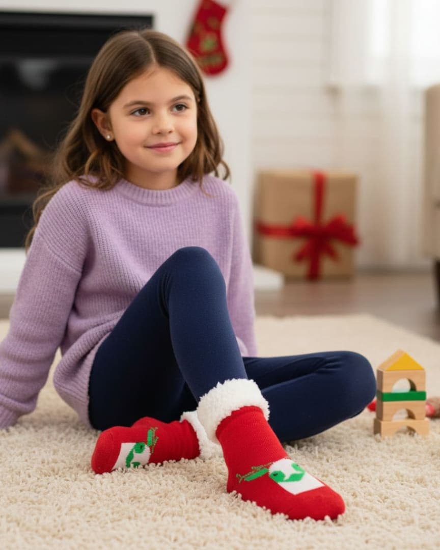 Ultra-Soft Plush Fleece Kids' Cozy Socks in Red with Fun Character Motif and Sherpa Cuff – Ideal for Winter Holidays hover